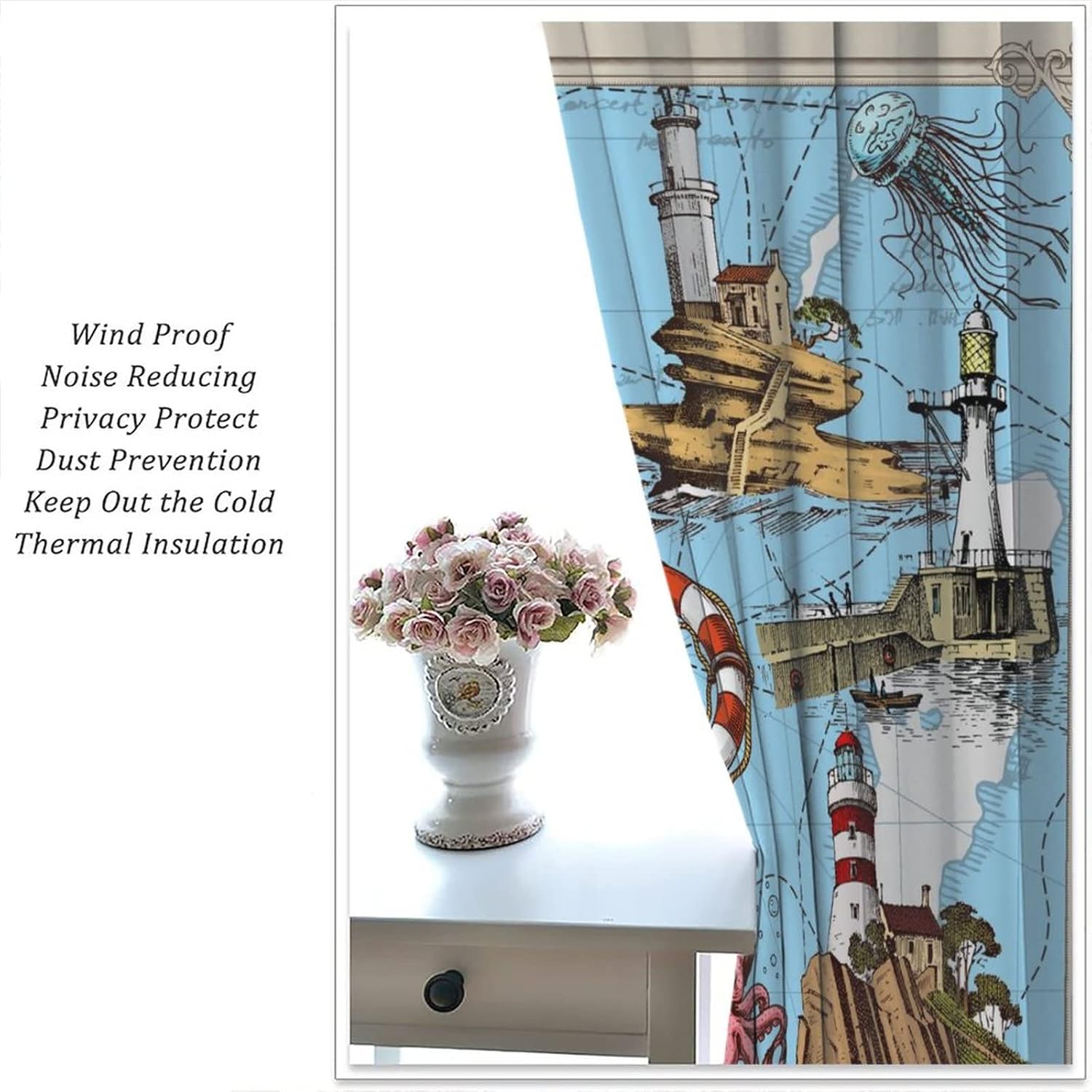 Anime Lighthouse Rod Pocket Blackout Curtains for Living Room,Noise Reduction Cartoon Oil Painting Ocean Theme Anchor Octopus Lighthouse Window Treatment Drapes,2 Panels 45L x 21W