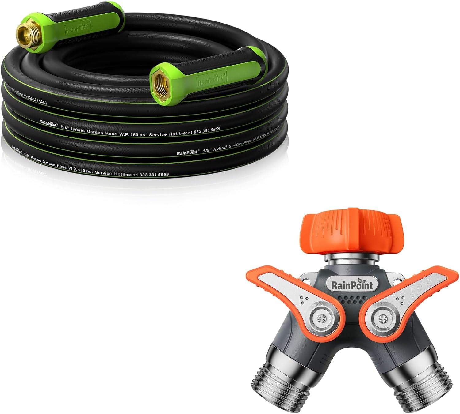 RAINPOINT Garden Hose Splitter 2 Way Heavy Duty & 25ft Garden Hose, 5/8", Male to Female