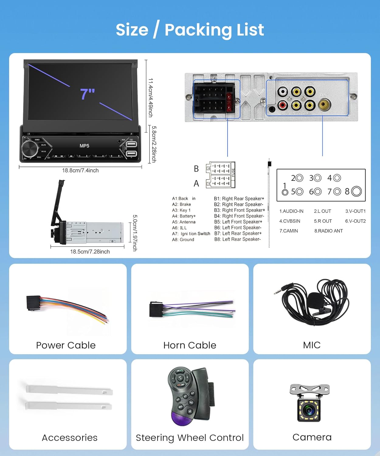 Image showing the Rimoody car stereo unit, its dimensions, rear connections, and all included accessories like power cable, horn cable, microphone, steering wheel control, and rear camera.
