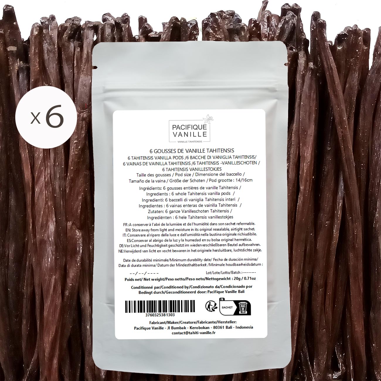 "Pacifique Vanille" 6 baccelli di vaniglia Gourmet Tahitensis 14-16 cm/sacchetto salvafreschezza con cerniera/qualità di grado A / 100% biologico.