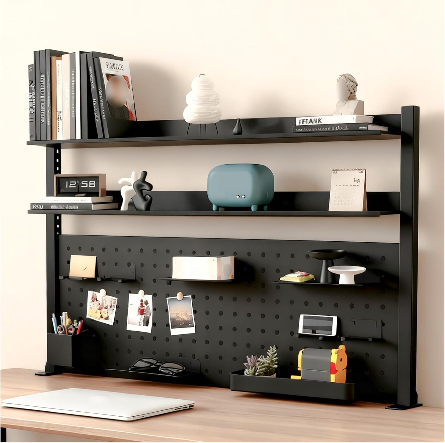 Clamp on Desk Organizer Shelf, Metal Desktop Storage Shelf with Pegboard, Desktop Shelving System for Home Office Dorm, Clamp-on Desk Extender with Pegboard (Black, 39.4in/100cm)