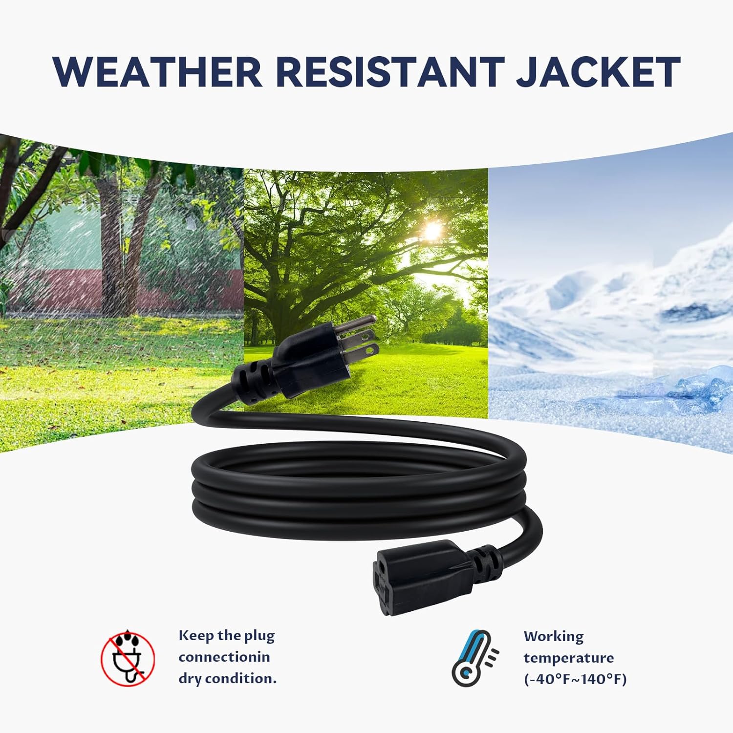 6 Ft Heavy Duty Outdoor Extension Cord Waterproof - 12/3 SJTW 15A 1875W Black Extension Cable with 3 Prong Grounded Plug, Waterproof Electric Cable for Lawn, Garden, Appliances, UL Listed