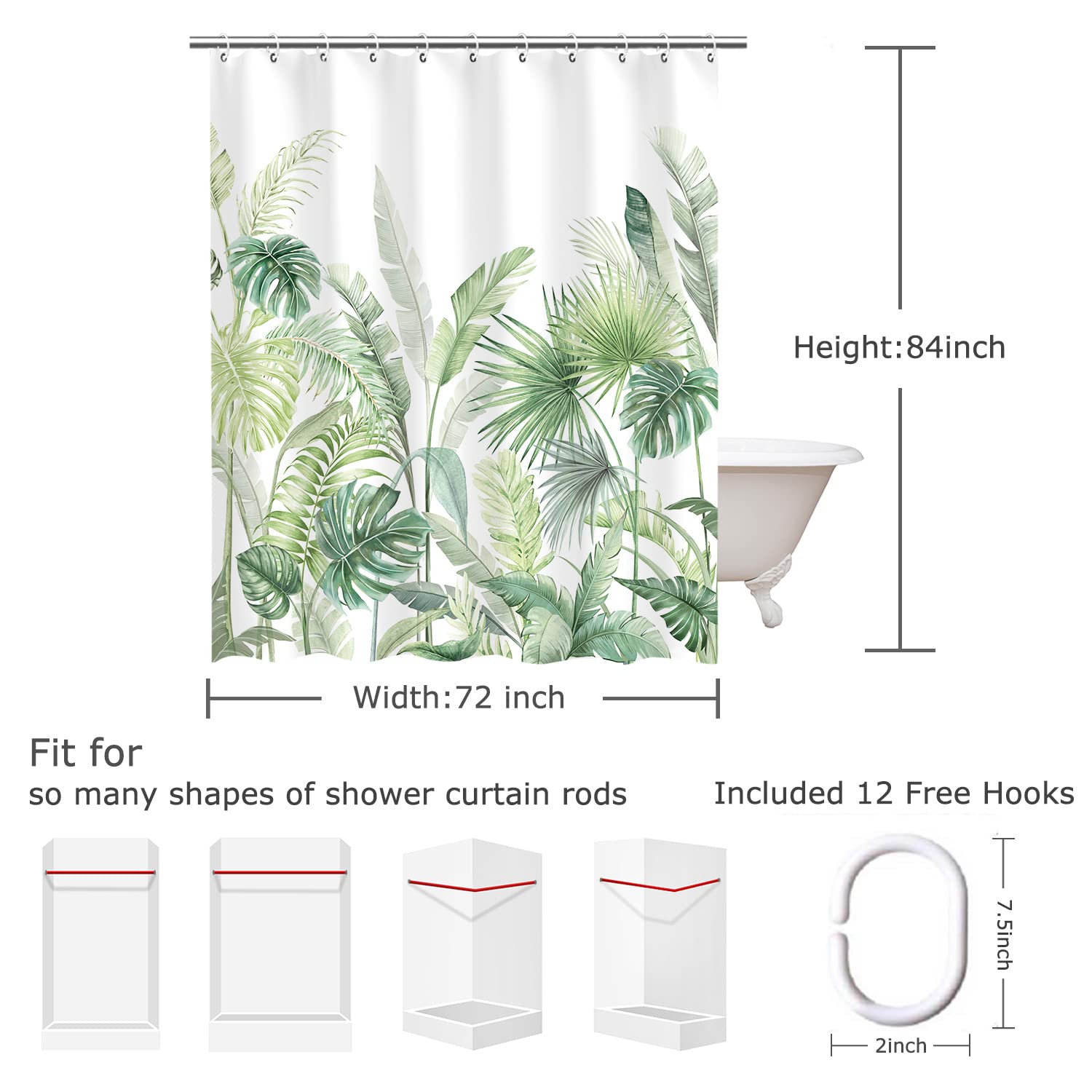 RosieLily Cortina de ducha verde, cortina de ducha tropical, cortina de ducha de plantas, cortina de ducha de hojas, juego de cortina de ducha botánica con 12 ganchos, 72 x 84 pulgadas