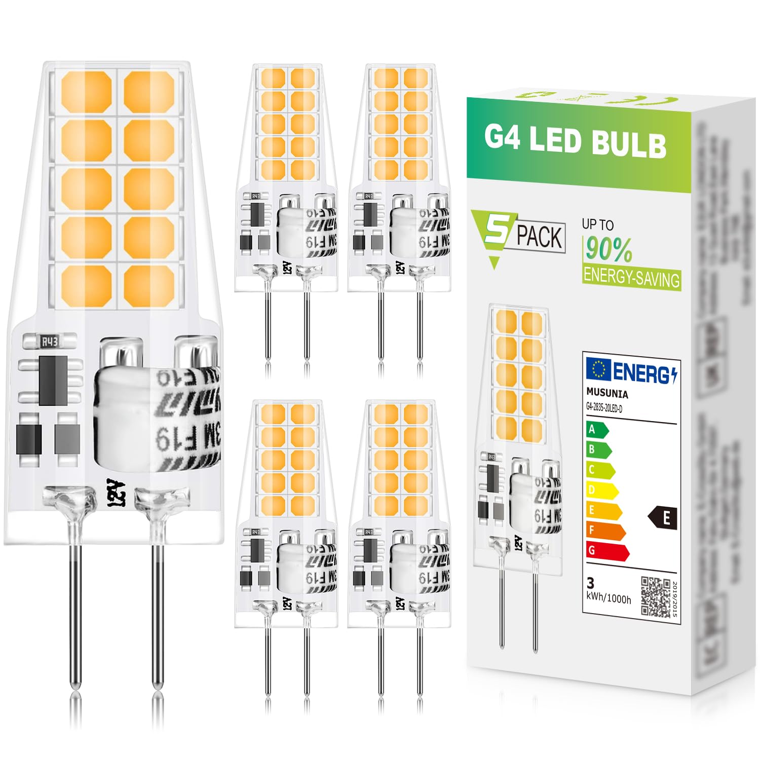 MUSUNIA g4 LED Lampen - 3W Birnen 3000K Warmweiß 300lm, Ersatz für 30W Halogenlampen,Kein Flackern Nicht Dimmbar, 12V AC/DC, 5er Pack