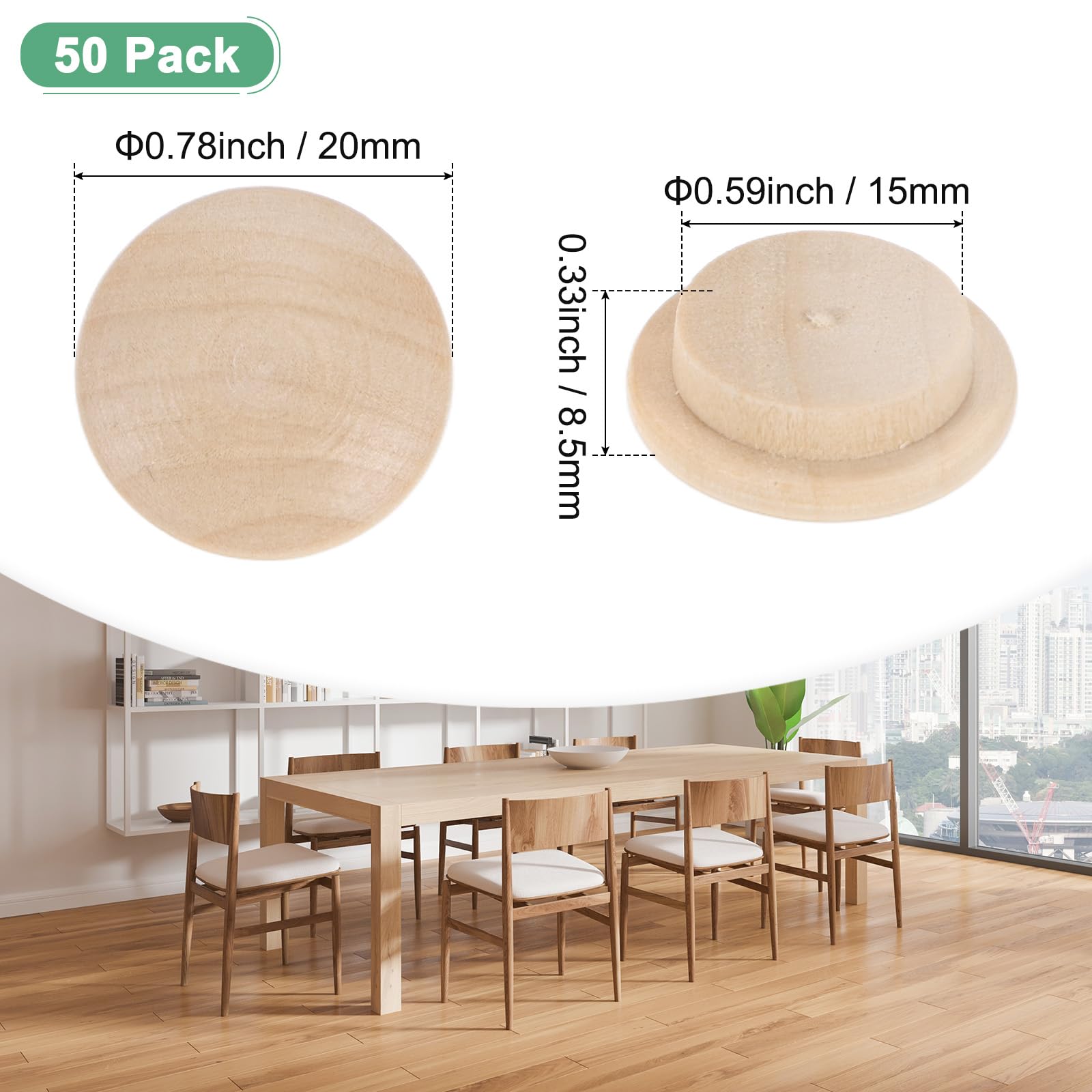 M METERXITY 50-Pack Wood Plugs for Screw Holes 20 x 15mm Beech Button Wood Top Plugs for Furniture/Stair/Chair/Craft - Image 3