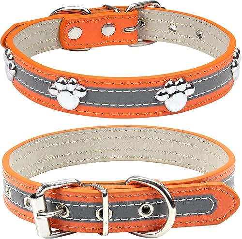 Miniatura 7 de Collar reflectante para perro con lindo remache de pata tachonado, divertido collar ajustable de piel sintética suave para cachorros pequeños,