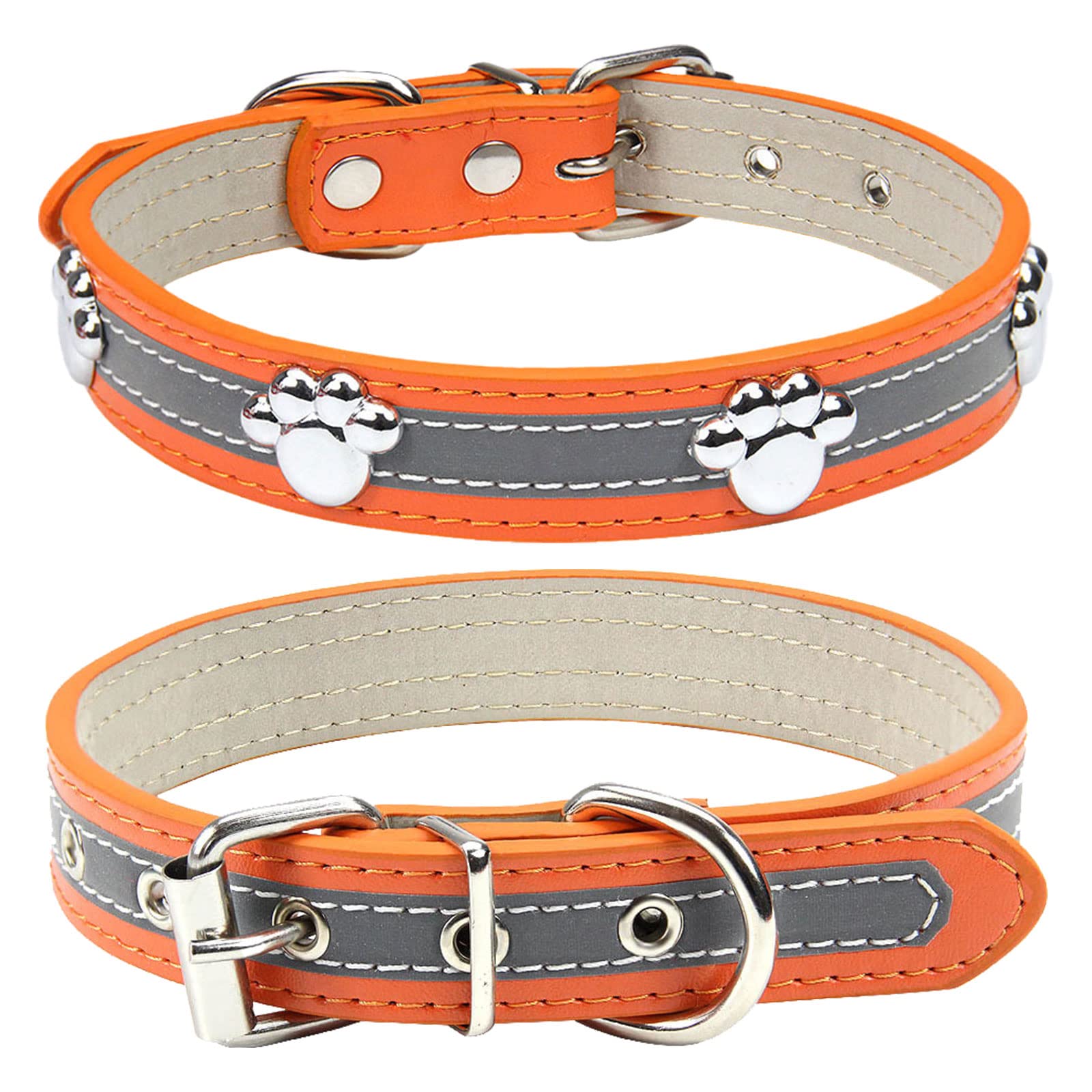PETCARE Reflective Dog Collar with Cute Paw Rivet Studded Funny Soft PU Leather Adjustable Puppy Dog Collars for Small Medium Large Dogs Cats (Orange,