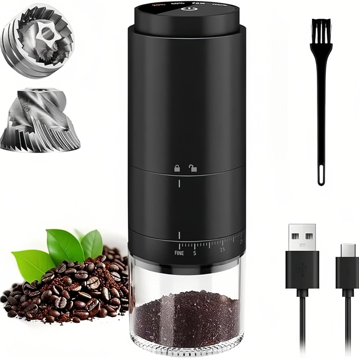 Portable Electric Coffee Grinder Rechargeable,Office 38 Adjustable Grinding Settings， LED Battery Indicator Shows Remaining Battery, Suitable for Travel, Camping, Office