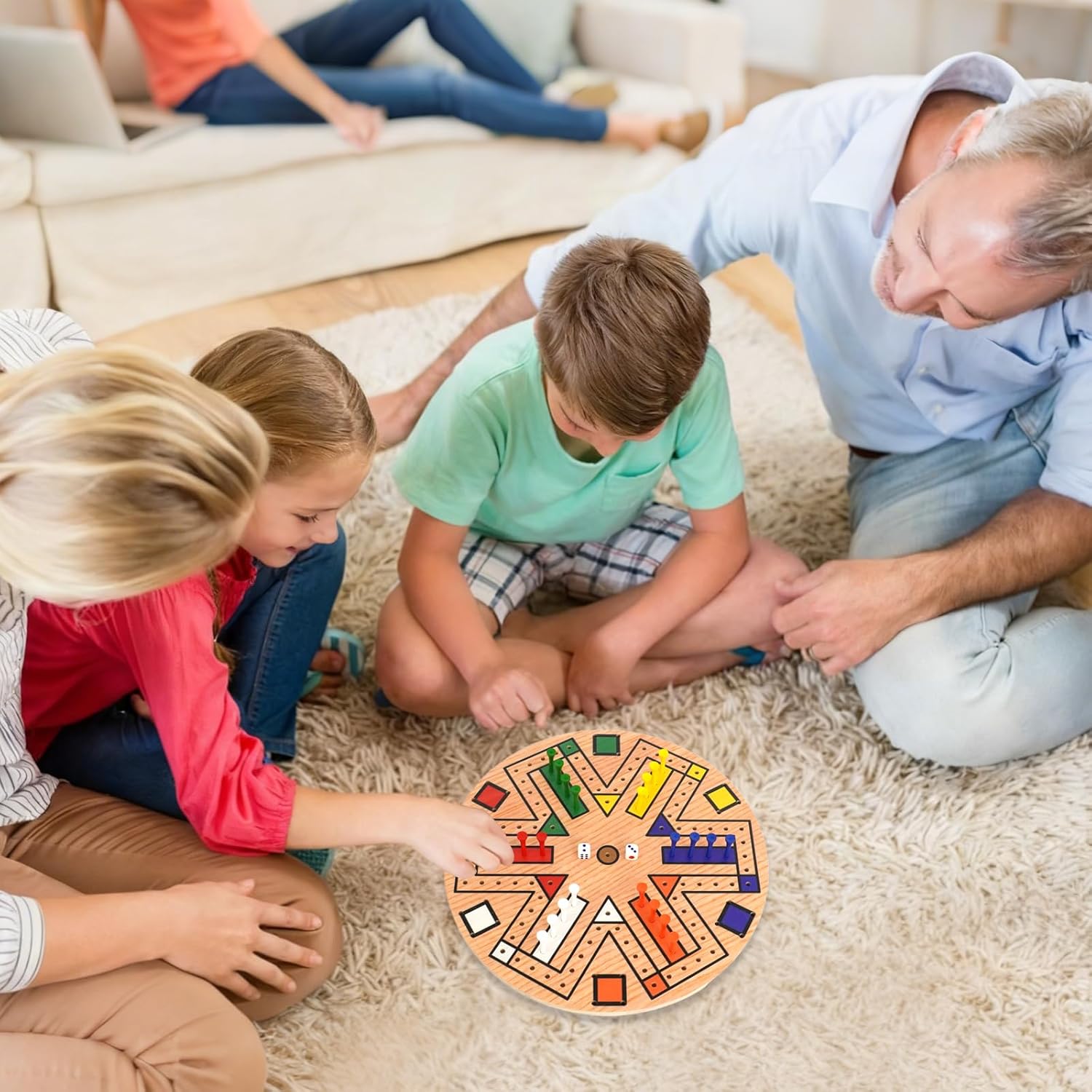 Wooden 3-6 Players Board Game Set with 48 Pieces and 4 Dice 13.7 Inch Painted Wooden Board Game for Adult Teen Family (6 Colors)