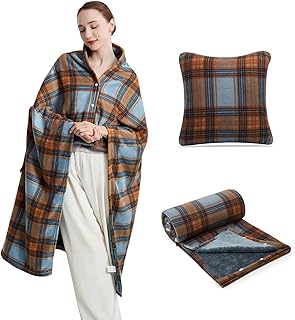 forestfish Wearable Blanket Compact Pillow 2-in-1, Lap Blanket Poncho with Button Plaid Throw Cushion for Home/Office/Sofa