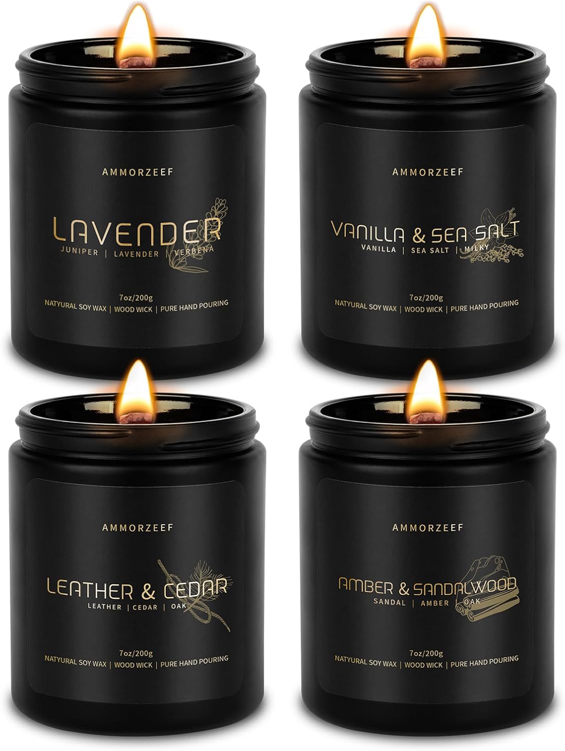 4 Pack Manly Scented Candles for Men Burn Time 200h Soy Candle Set for Home 7Oz Wood Wick Aromatherapy Candles for Relaxation Scented Leather Cedar/Lavender/Amber Sandalwood/Vanilla Candles