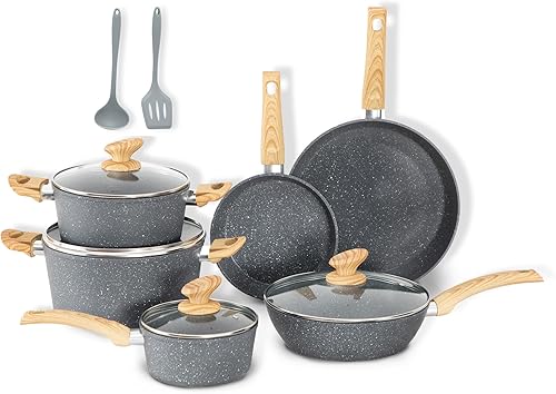 DishDelight Induction - Juego de ollas y sartenes antiadherentes, juego de utensilios de cocina de 12 piezas, juego de sartenes de granito