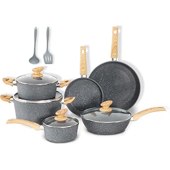 DishDelight Induction Non-Stick Pots and Pans 12 Piece Kitchen Cookware Set Non-Stick Granite Frying Pan Set Grey