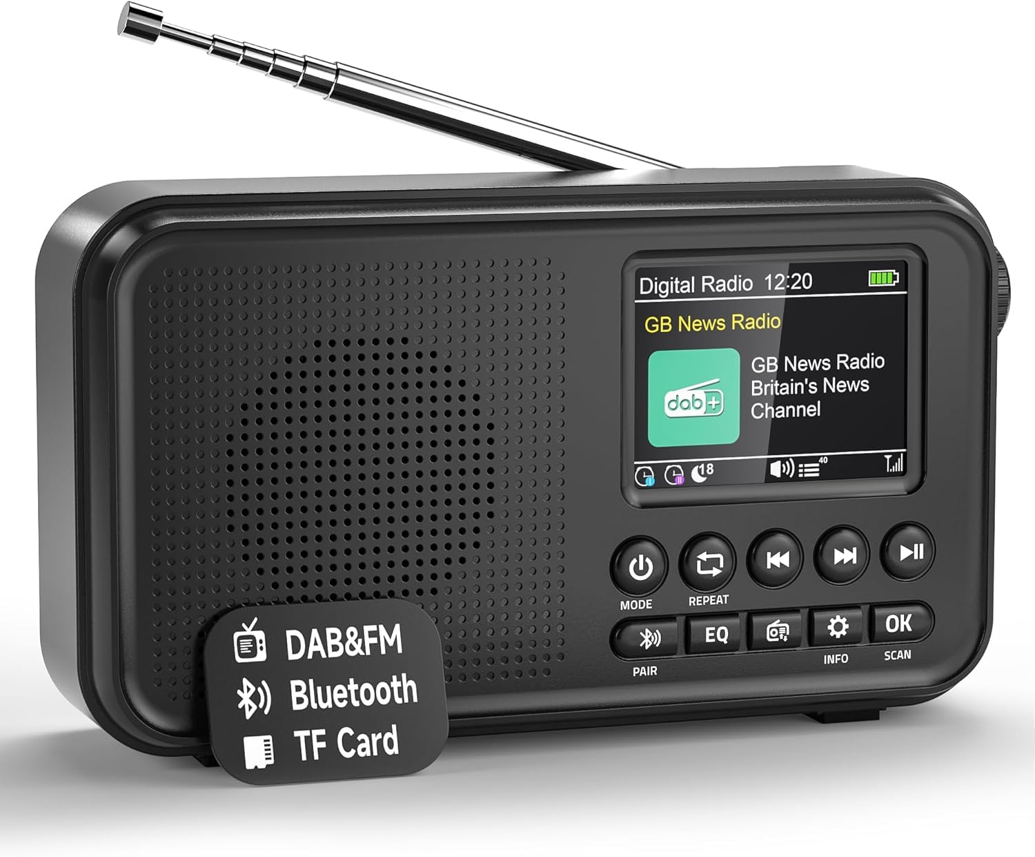 Roxicosly Tragbares DAB/DAB+ Radio, 80 Voreingestellte, UKW Digital Radio mit 3000-mAh Akku, Küchenradio mit Bluetooth 5.0, EQ-Modi, Sleep-Timer, Snooze, TF/3,5-mm AUX Anschluss, Doppelalarm