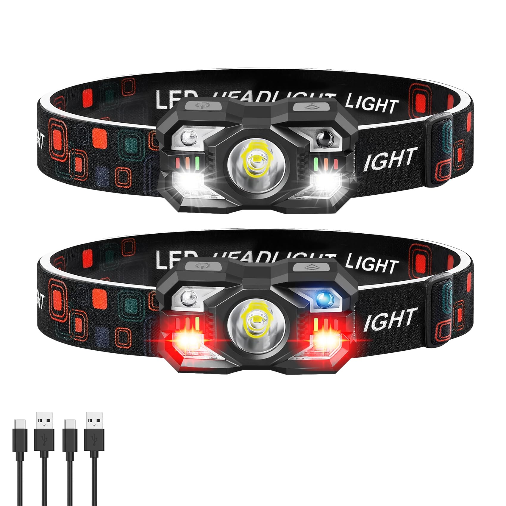 Stirnlampe, wiederaufladbar, 3000 Lumen, ultraleicht, helle Stirnlampe, Taschenlampe mit weißem rotem Licht, LED-Scheinwerfer, Bewegungssensor, 5 + 5 Modi für Outdoor, Camping, Angeln, Laufen