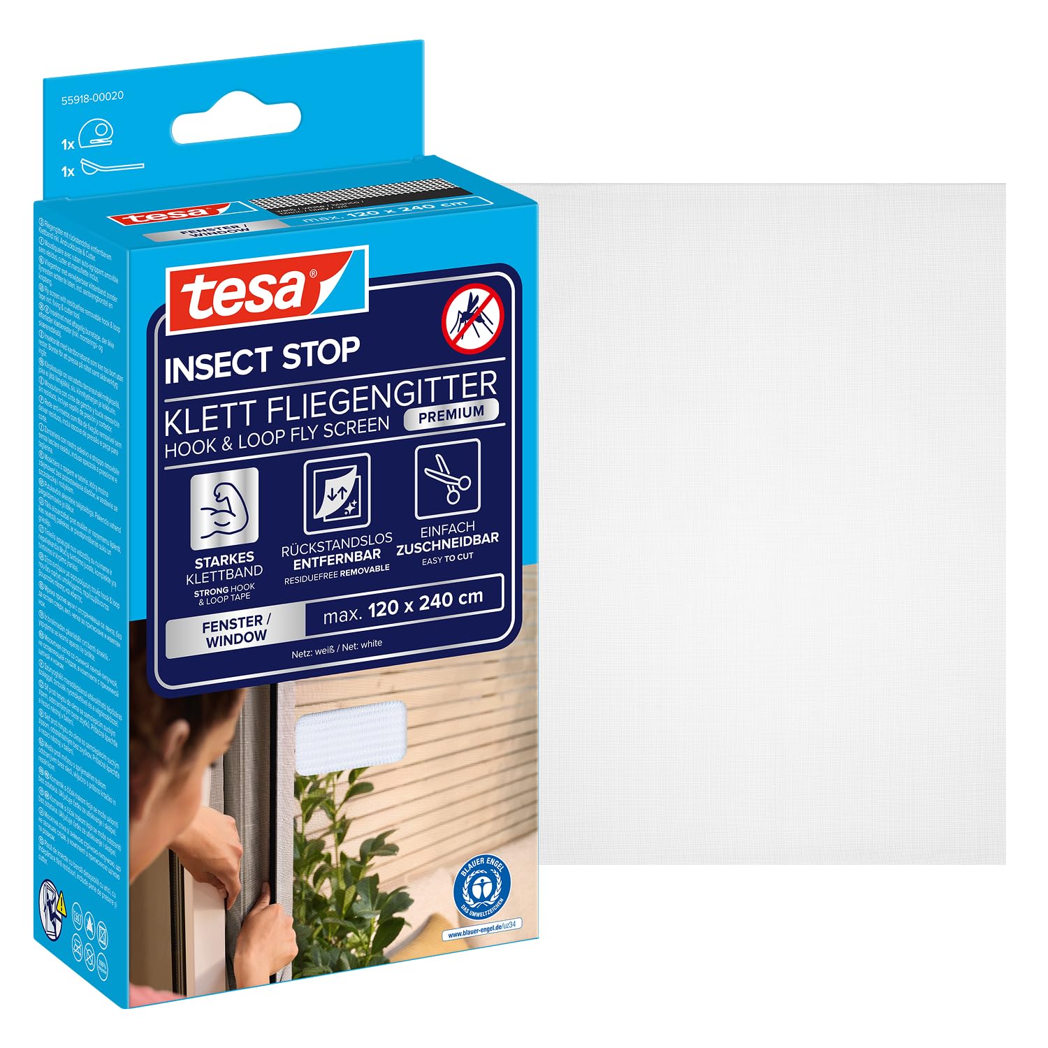 tesa Insect Stop COMFORT pour Porte-​Fenêtres - Moustiquaire avec Ruban Auto Agrippant - Filet Anti-​Moustique - Blanc, 120 cm x 240 cm
