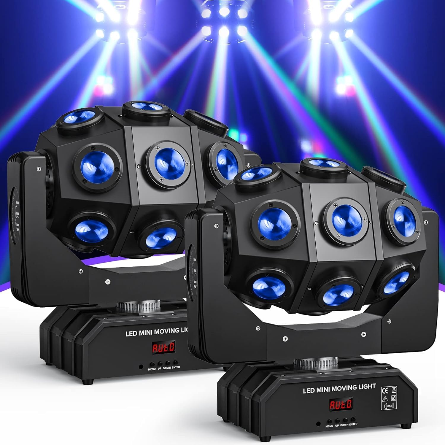 2Pcs 18 LEDs Moving Head Beam Light 180W Moving Head Light RGBW 360°Rotation DJ Lights DMX 512 with Sound Activated for Stage Lighting Party Wedding Christmas