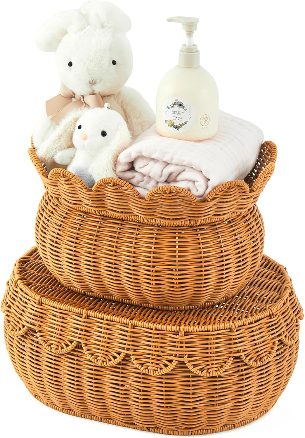 Juexica 2 Pcs Scalloped Rattan Baskets, Woven Rattan Wicker Storage Baskets with Lid for Nursery Storage Diaper Organizer Bathroom Decor (Dark Brown,Small,Medium)