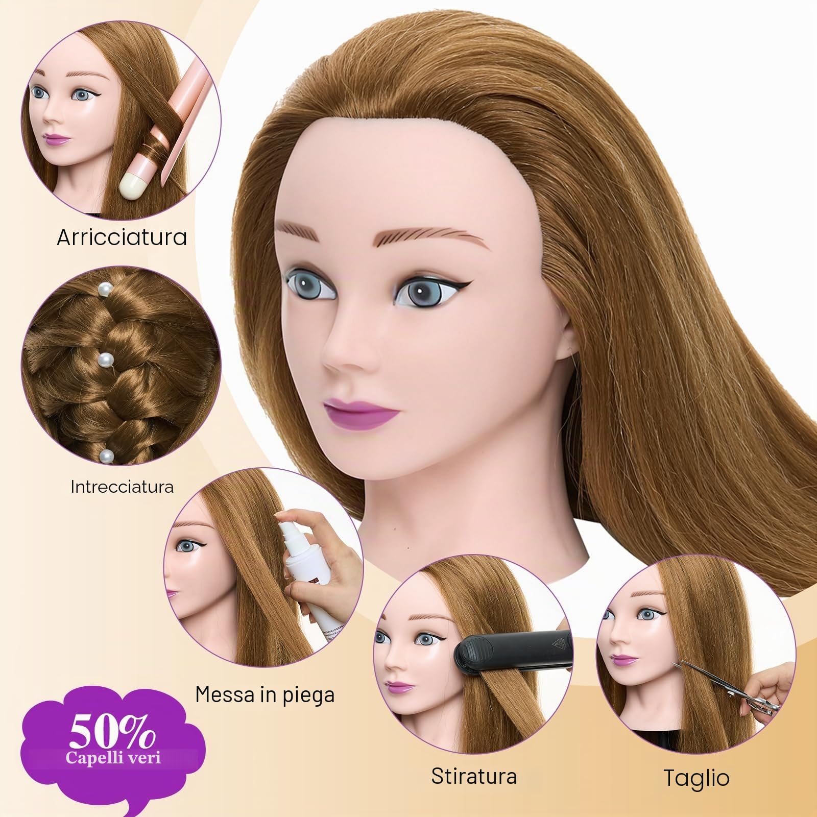 Testa per Parrucchieri 24" Capelli Veri Testina Parrucchiere con Morsetto DIY Hair Styling Tools