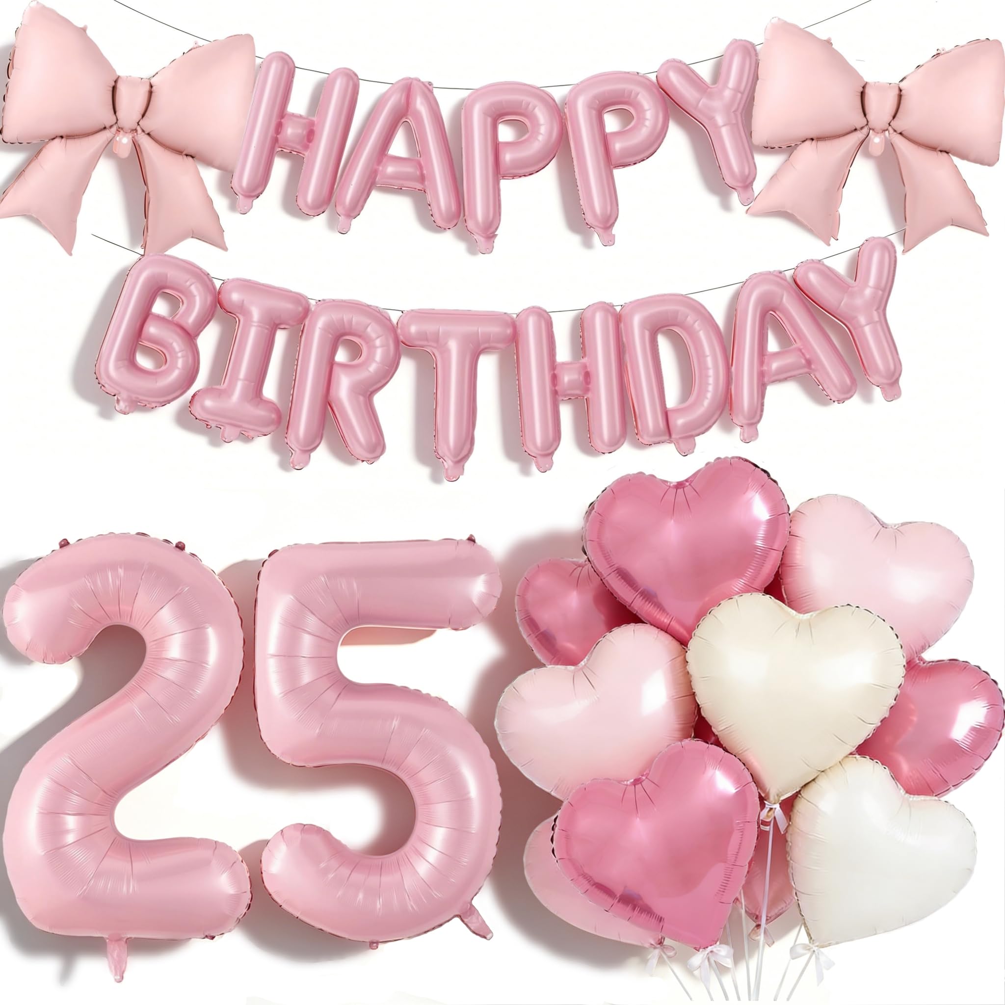 Pink Happy 25th Birthday Decorations, Large 21 Number Foil Balloon 21 Inch Pink Bow 16 Inch Happy Birthday Letter Balloons Banner with 18 Inch Heart Balloons for 25 Year Old Girls Party — image 1
