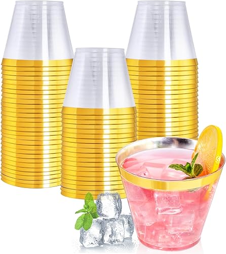 Miniatura 8 de I00000 Vasos de plástico resistentes, 9 onzas, borde dorado, transparente, 100 unidades, sin BPA, desechables, para fiestas y bodas