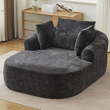 Oversized Chaise Longue Chair Indoor, Modern Upholstered Chenille Deep Seat Sofa Bed with Throw Pillows and Armrests, Sleeper Sofa Couch for Living Room, Bedroom Apartment Black