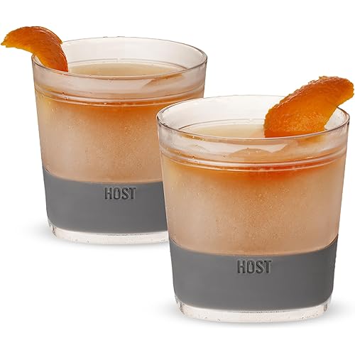 Host Whiskey Freeze Glasses, Double Old Fashioned Glasses, Chill Without Dilution for Brandy, Vodka, Gin, Rum, and Cold Brew Cocktails, Bourbon Gifts for Men, Home Bar, 9 oz, Set of 2, Grey