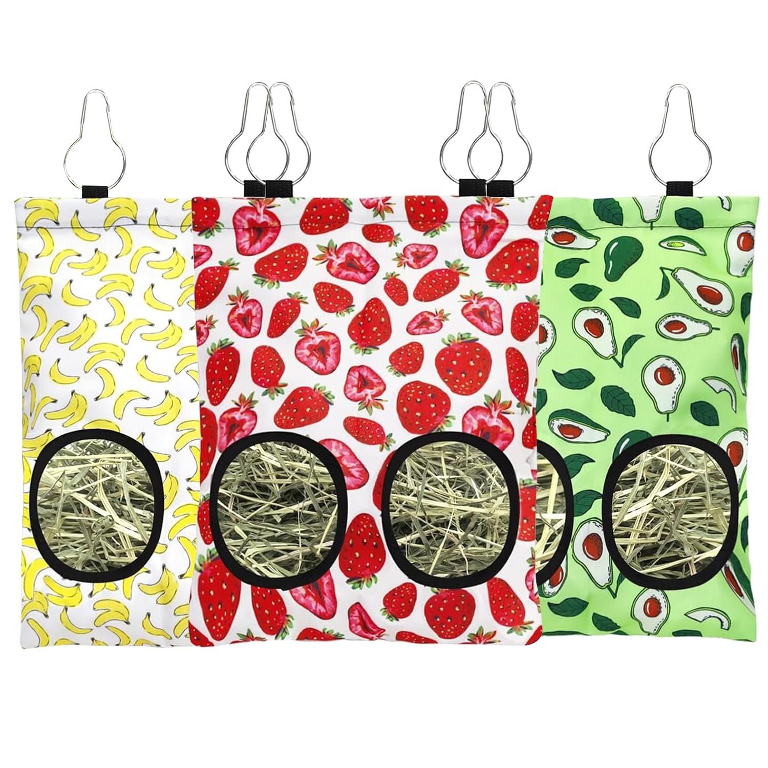 3 Pcs Rabbit Hay Feeder Bags - 2 Hole Hanging Rabbit Hay Feeder for Guinea Pigs, Chinchillas, Hamsters and Small Pets | Durable Anti-Waste Bunny Feeding Bag with Metal Hooks, Washable