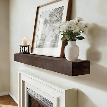 Cherry Wood Fireplace Mantel 48", Rustic Wooden Mantel Shelf, Dark Brown