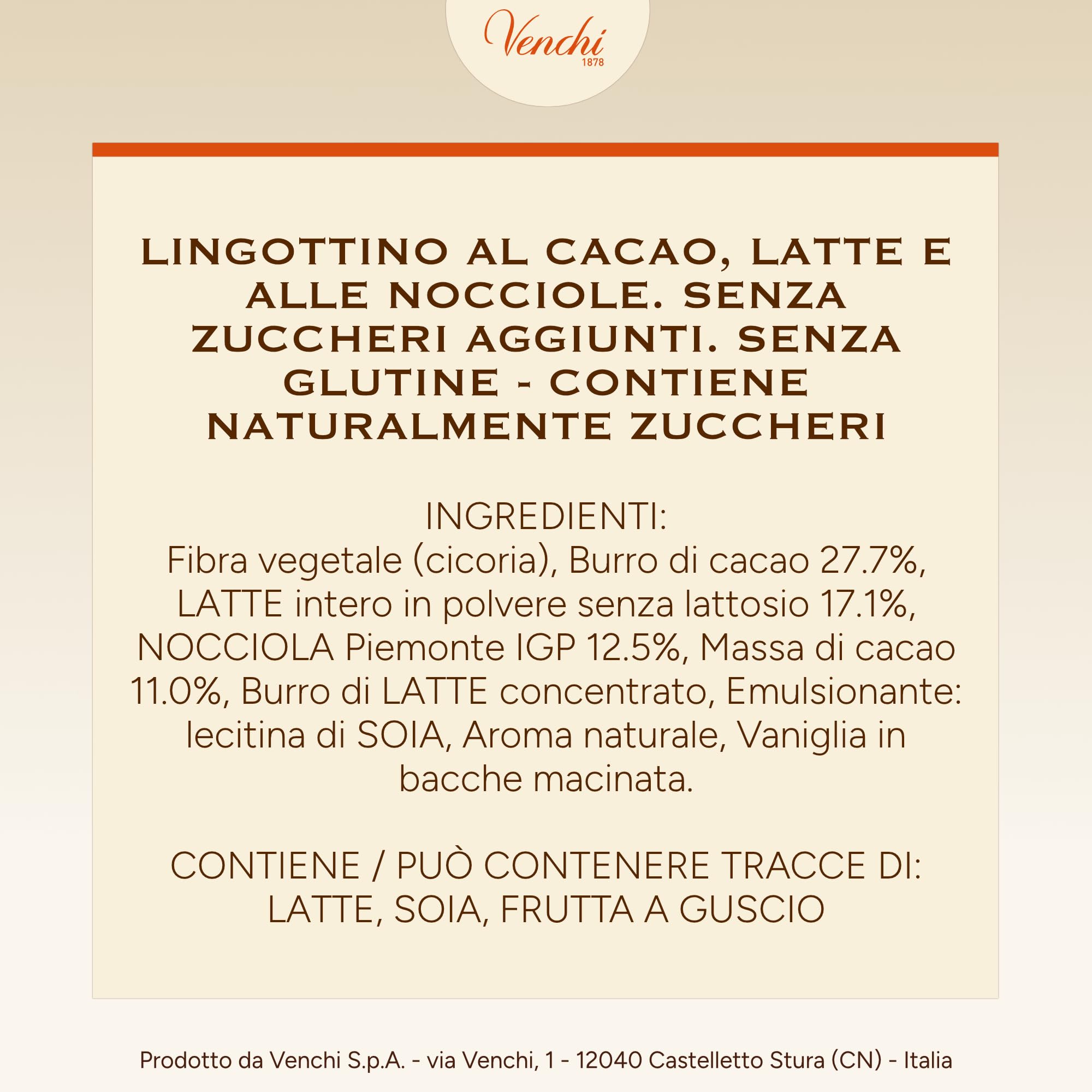 Venchi - Lingottino Nocciolato Latte -70% di Zuccheri - Cioccolatino con Nocciole Piemonte IGP intere, 1 kg - Senza Glutine