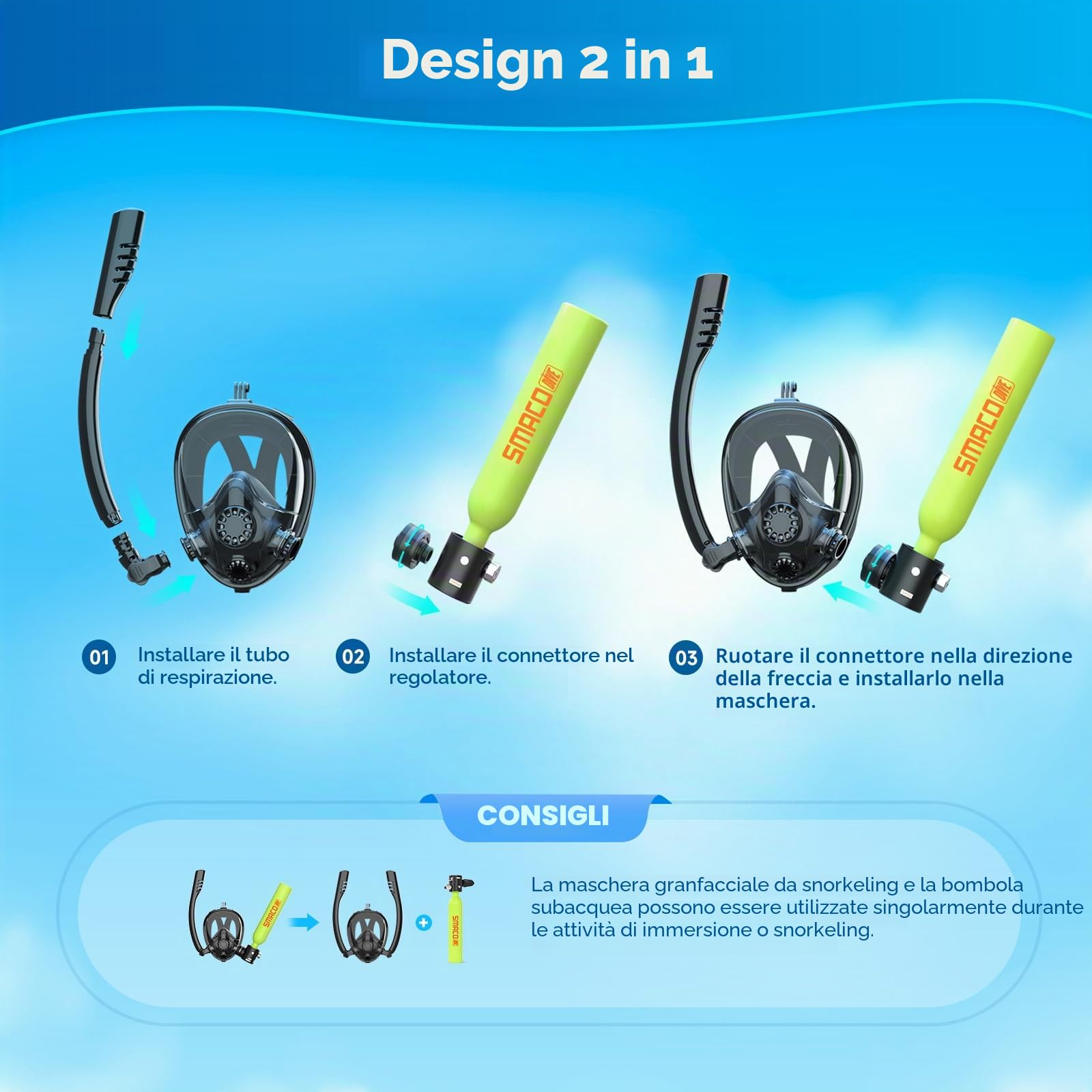 SMACO Mini Bombola Sub con Maschera Subacquea 0,5L Bombola Subacquea con Maschera da Snorkeling Piccola Mini Scuba Tank Portatile Bombole Aria Sub Bombola Immersioni con Compressore S300
