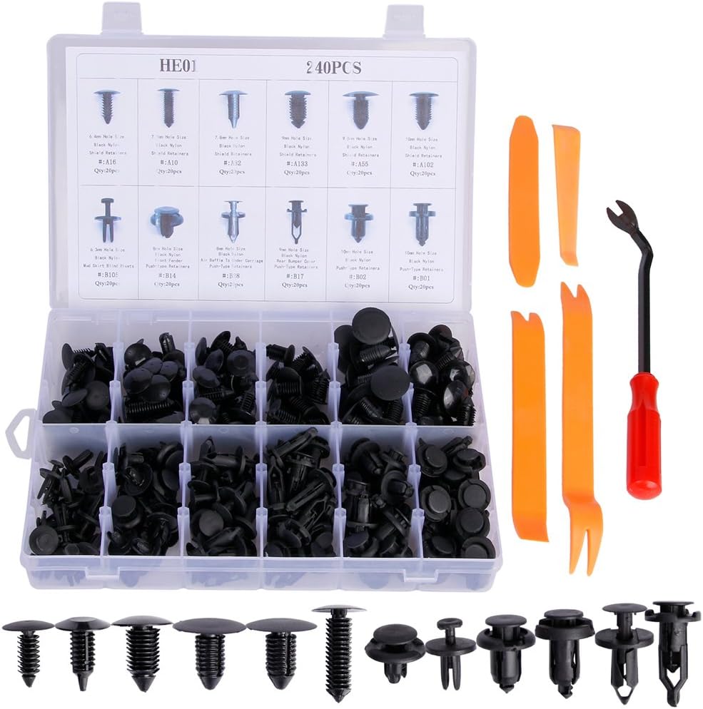 240Pcs Car Retainer Clips and Plastic Fasteners Kit, 12 Most Popular Sizes Auto Push Pin Rivets Set -Door Trim Panel Clips For GM Ford Toyota Honda Chrysler Nissan