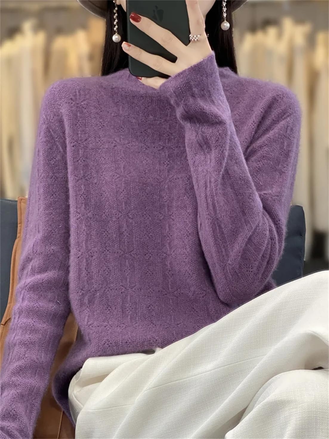 Maglione da Donna 100% Lana Merino di Prima Linea Senza Cuciture A Quadretti con Diamanti, Top in Maglia