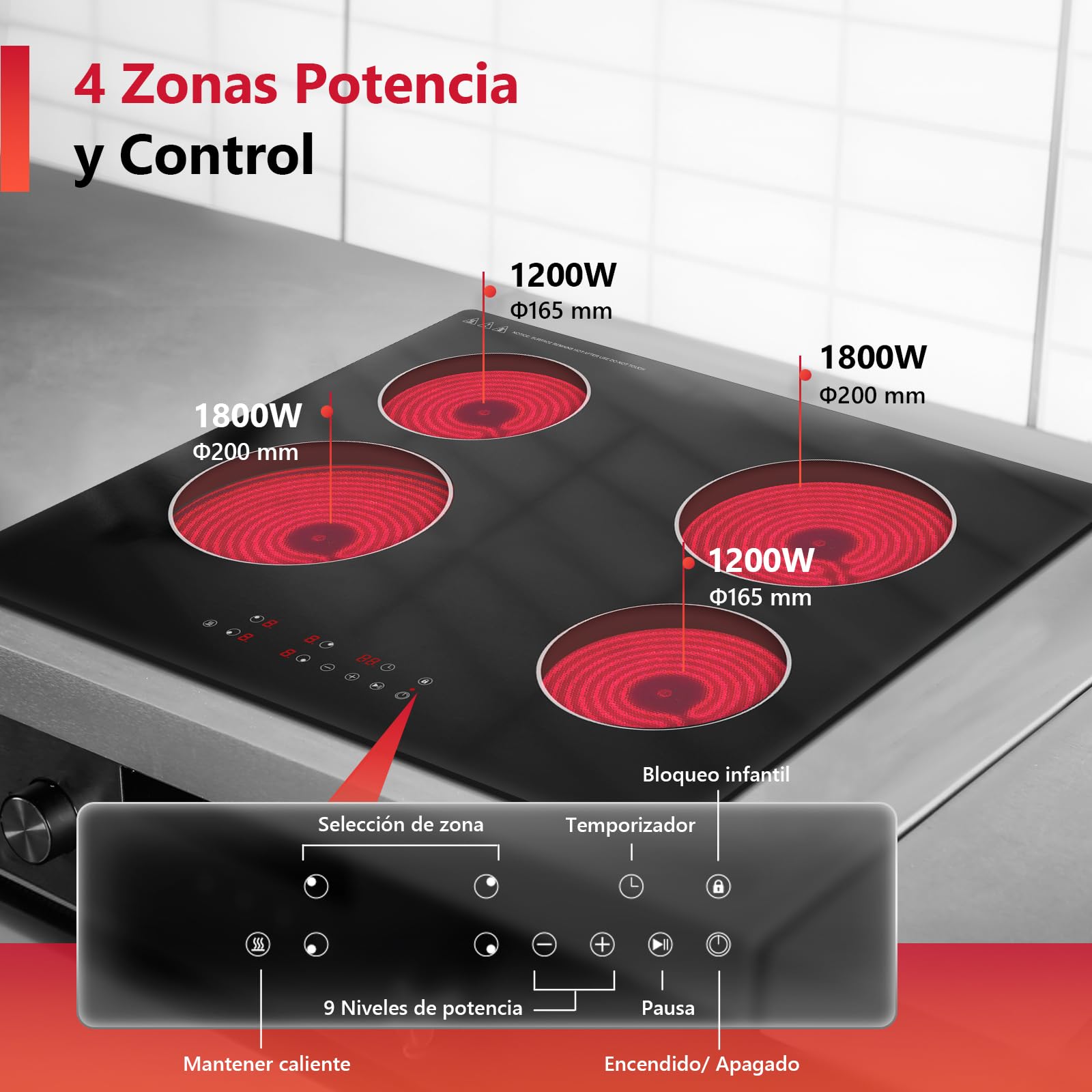Placa Vitrocerámica 60 cm 4 Zonas, 6000W Placa Eléctrica con Control Táctil, 9 Niveles de Potencia, Temporizador, Pausa, Mantener Caliente, Bloqueo Infantil, Uso Empotrado o Sobremesa