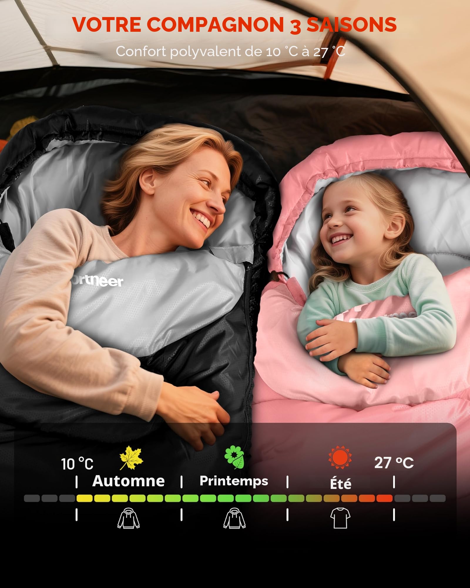 Sportneer Sac de Couchage d'extérieur pour Adultes et Enfants - Sac de Couchage léger et Portable pour Le Camping, la randonnée, la randonnée