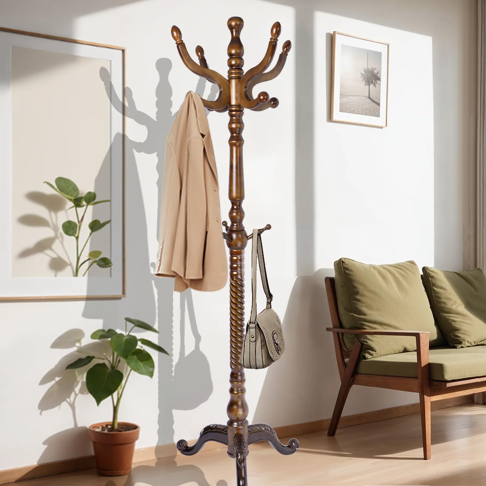 VEGNIC 73 in Wood Coat Rack, Coat Rack Freestanding with Stable Round Base, Adjustable Height Tree Coat Racks Stand for Home Bedroom Office Hallway