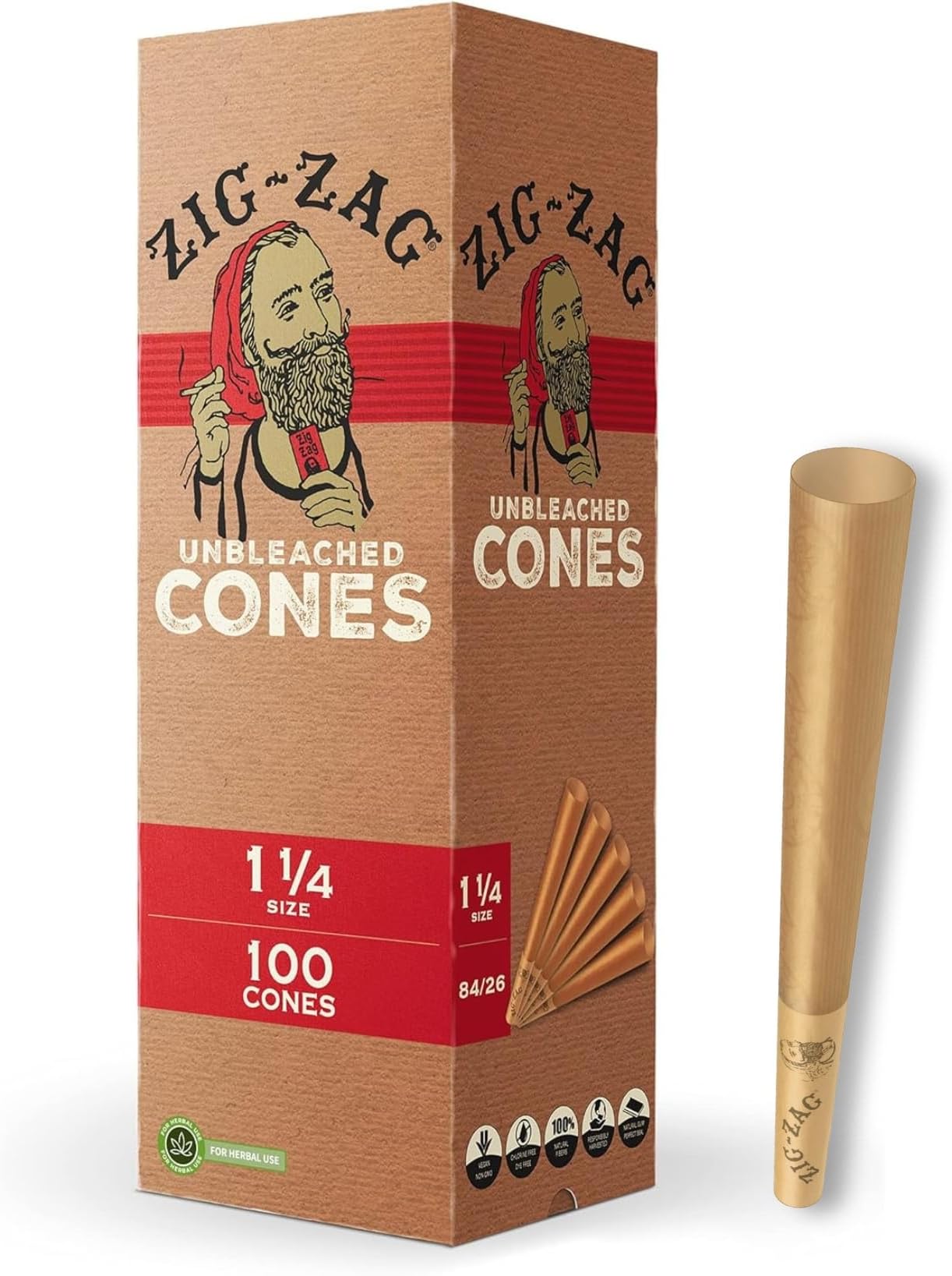 Pre Rolled Cones 1 1/4 Size (100 Pack) Unbleached - Slow Burning Pre Rolled Cones with Tips & Packing Tubes Included - Bulk Pack