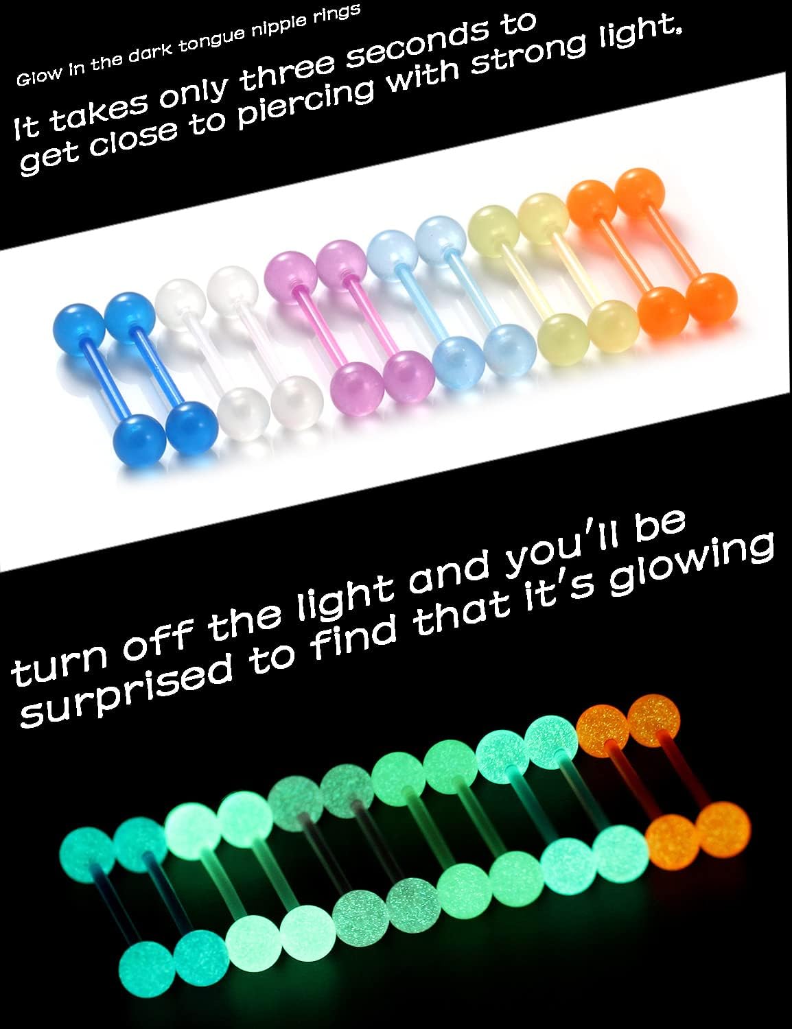 Oufksiyy 14G 16mm 14mm Glow in Dark Flexible Acrylic Straight Tongue Rings Plastic Nipple Ring Retainer Body Piercing Jewelry for Women Men 24PCS(12Pairs 14 Gauge Piercings