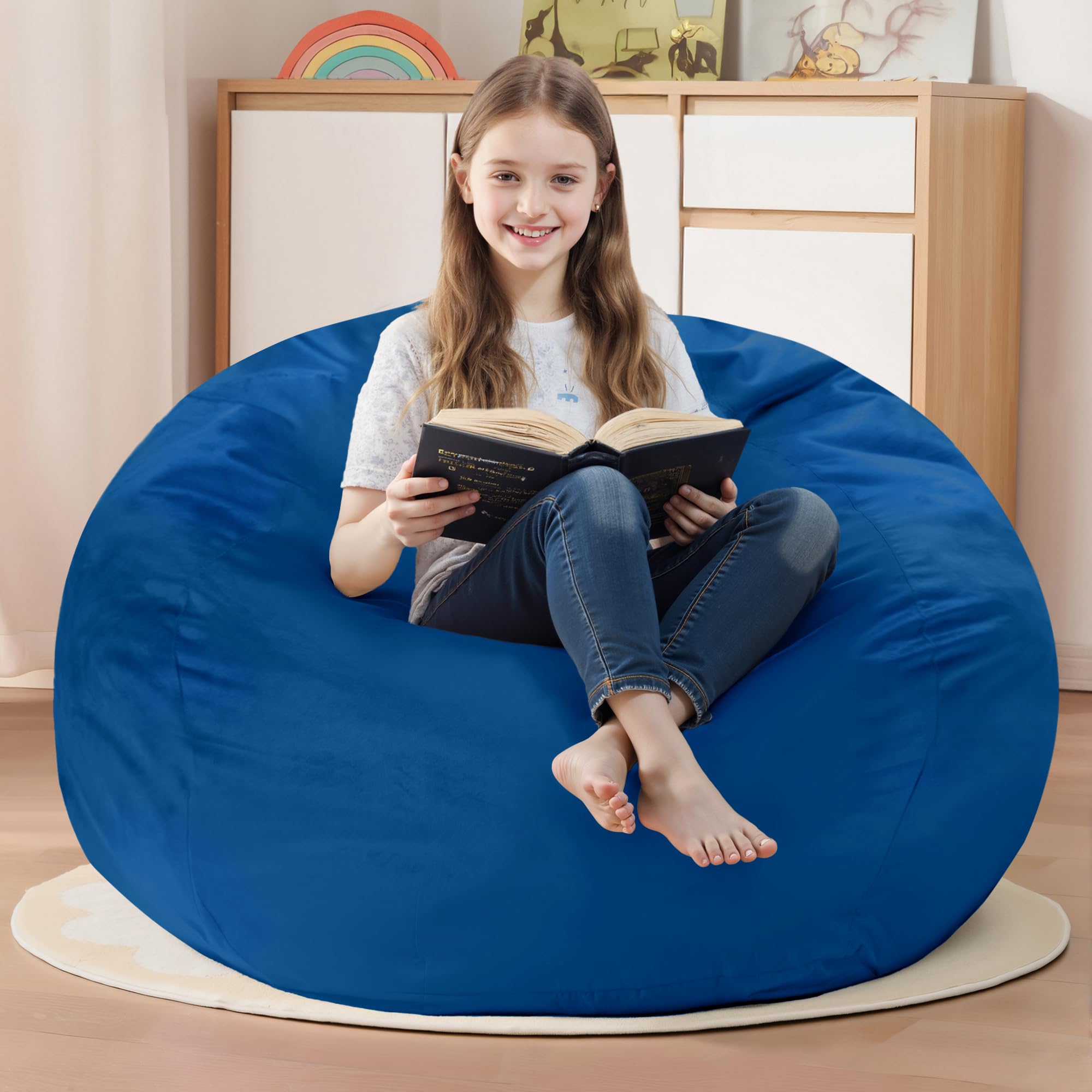 Homguava 2FT Bean Bag Chair: 2' Bean Bags with Memory Foam Filled,Comfy Beanbag Chairs Round Bean Bag Sofa with Dutch Velvet Cover-Blue