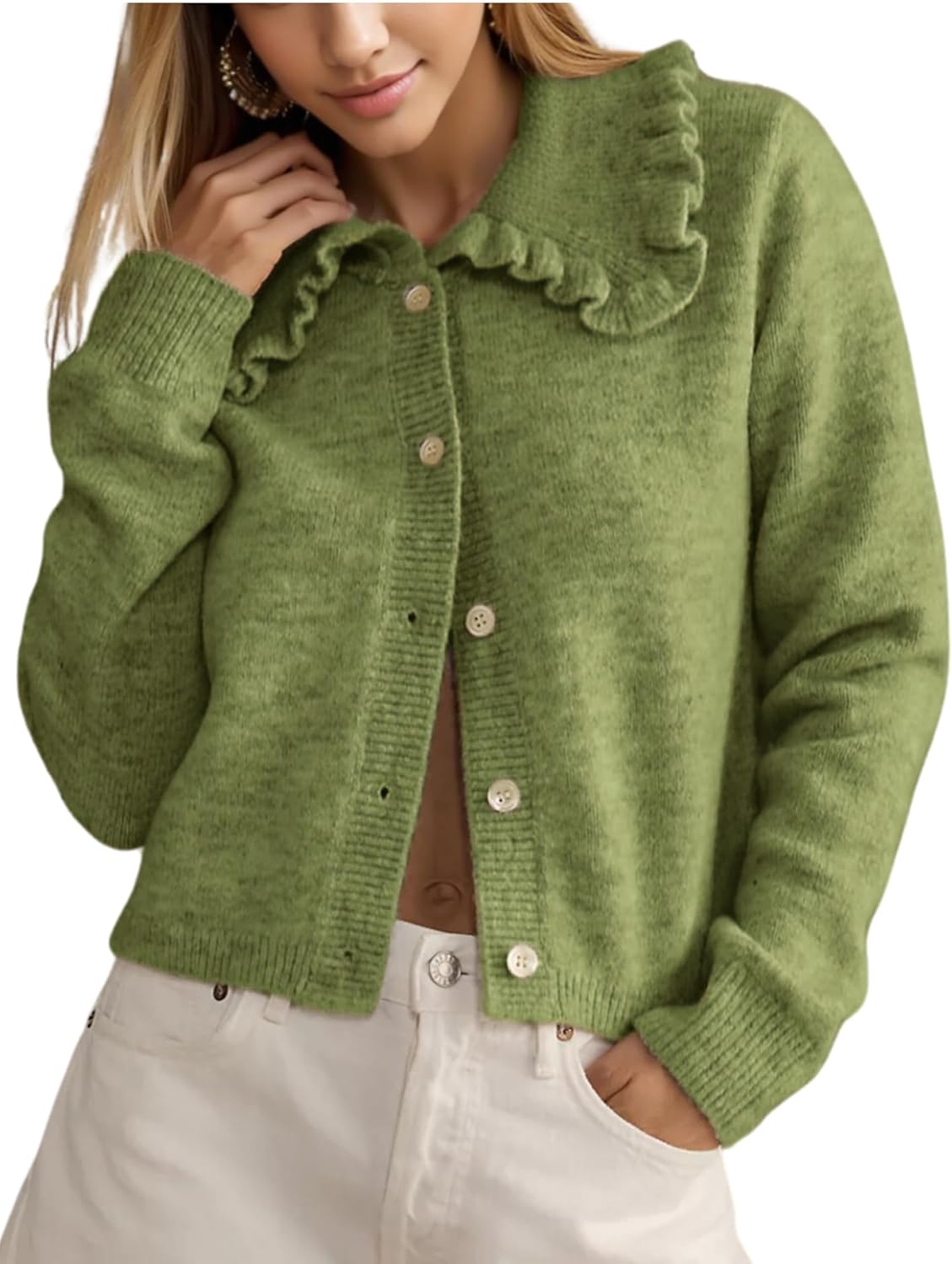 InterNos Womens Y2k Ruffled Collar Cardigan Sweaters Classic Button Down Long Sleeves Fall Sweater Crop Tops