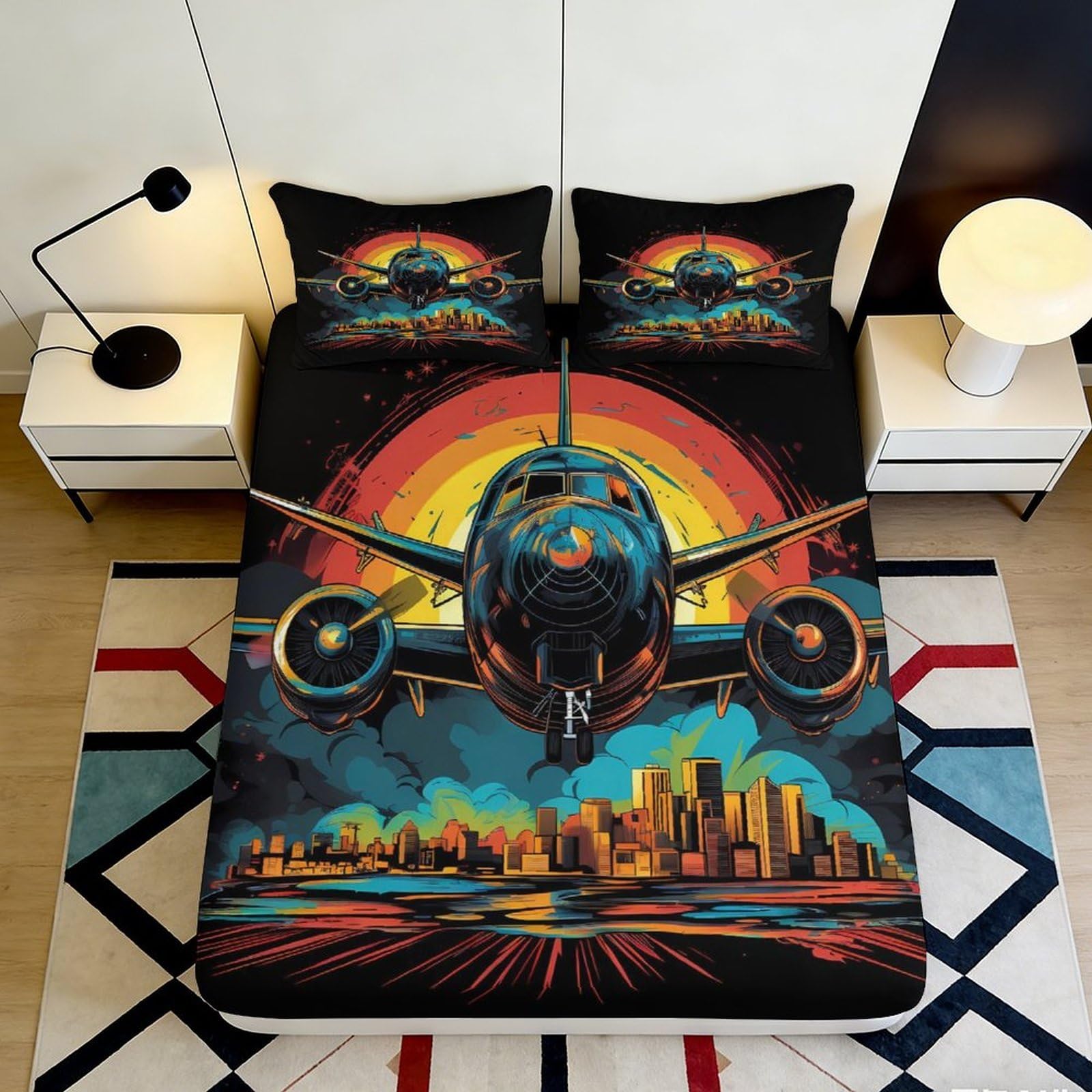 Pnayamiorkfel Style-3 3D Printed Retro Airplane Fitted Sheet Microfiber Urban Sunset Bed Cover For Bedroom Guest Room Decor Easy Care 90X200x25cm