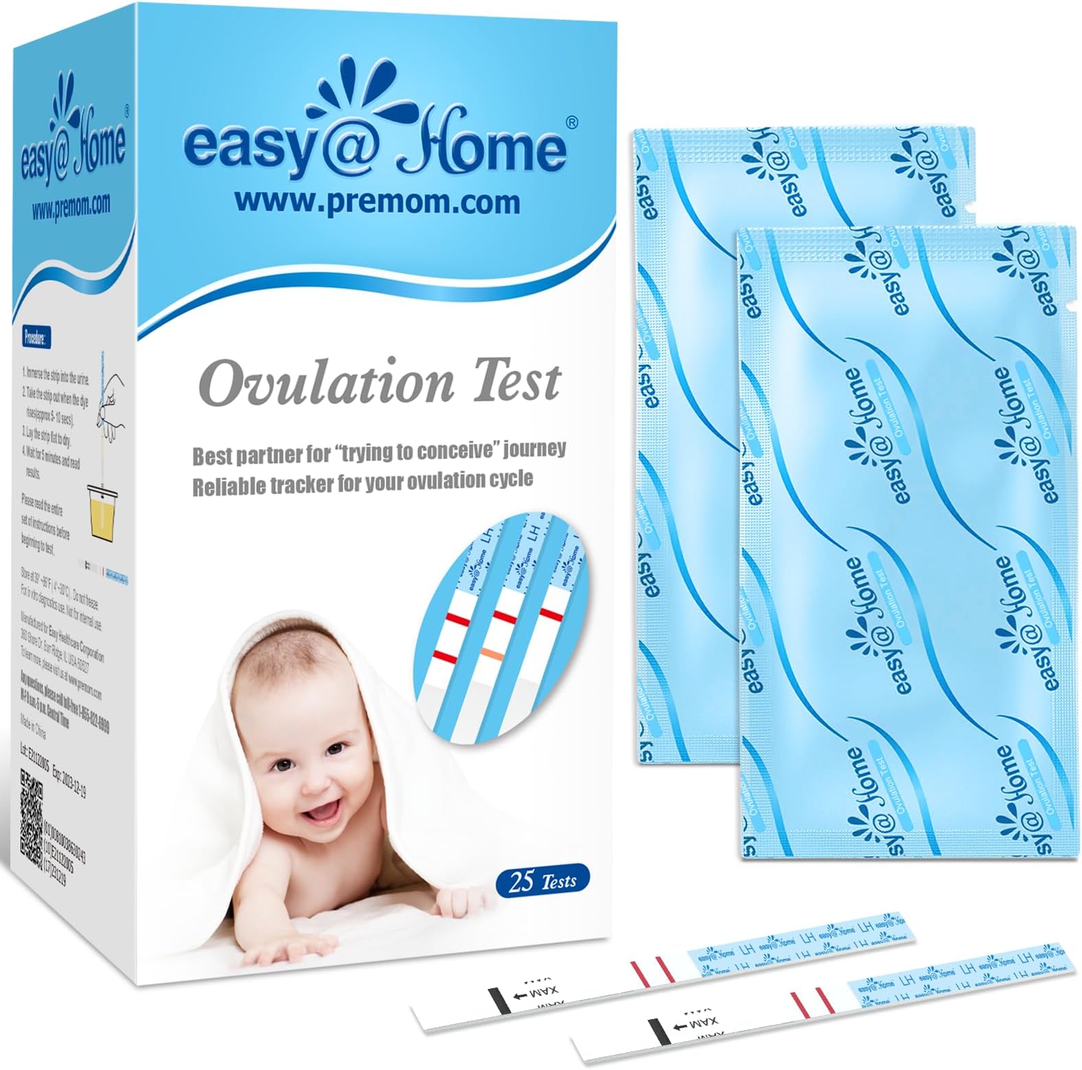 Easy@Home Ovulation Test Strips, 25 Pack Fertility Tests | Ovulation Predictor Kit, Powered by Premom Ovulation Predictor iOS and Android App, 25 LH Strips