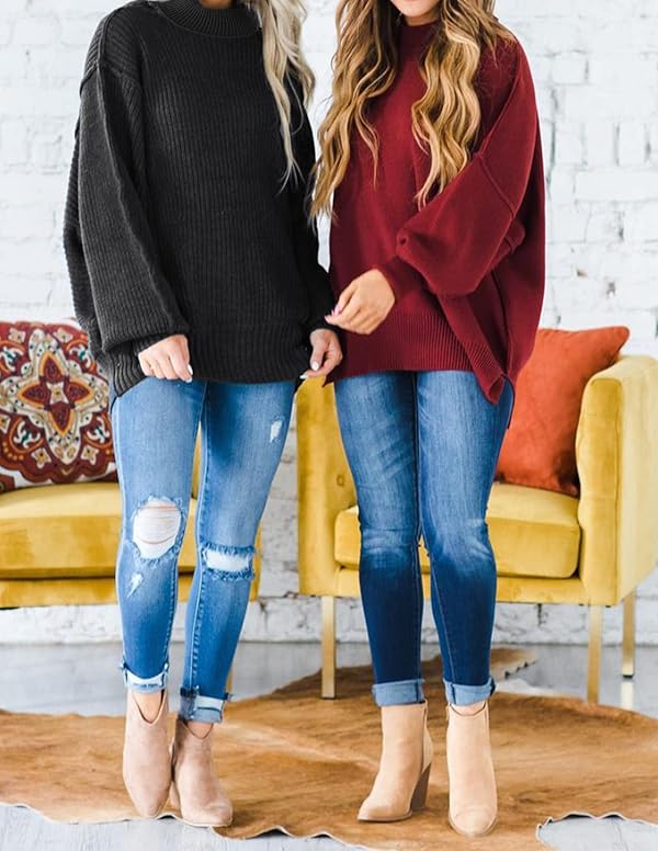 ZESICA Women's Fall 2026 Casual Long Sleeve Crew Neck Side Slit Oversized Ribbed Knit Pullover Sweater Tops,Wine,Small by ZESICA - Image 8