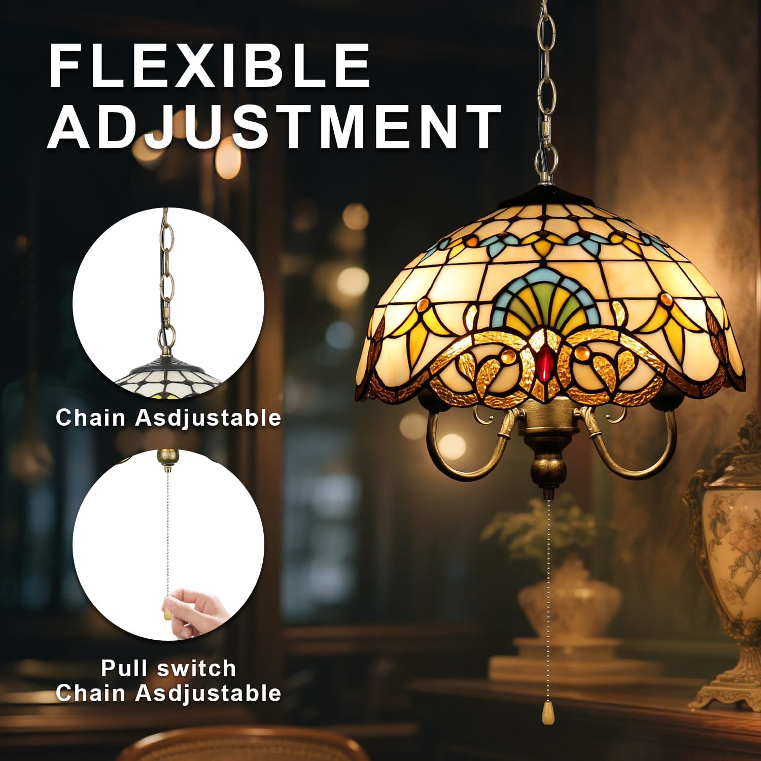 Tiffany Pendant Light, Stained Glass Lamp, 16 Inch Wide 3-Light Inverted Ceiling Pendant Lights for Living Dining Room Kitchen Bedroom Entryway