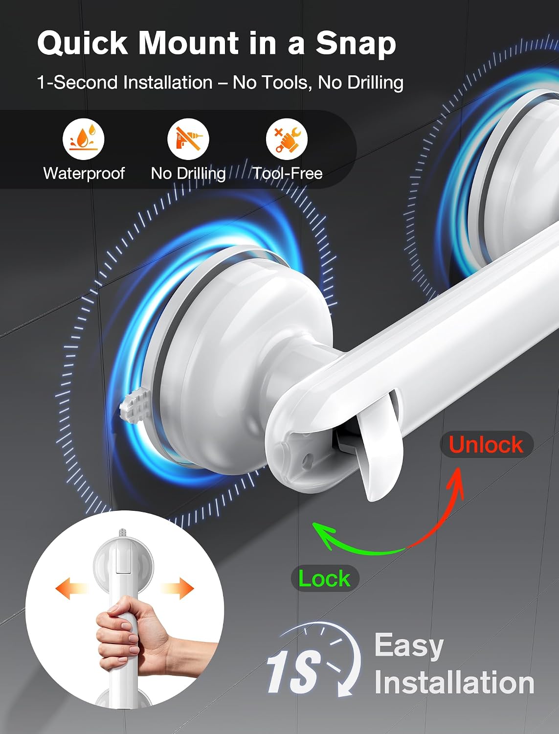 Grab Bars for Bathtubs and Showers, Shower Handles for the Elderly and People in Need, 2026 Upgraded Rubber Suction Cup with Maximum 350 lbs Suction Power, No Drilling-(White-2 Pack)
