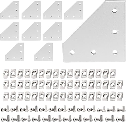 Placa de soporte de esquina anodizada serie 2020, 5 agujeros de 90 grados, placa de unión exterior con 50 tuercas M5 T + 50 tornillos M5 + 1 llave