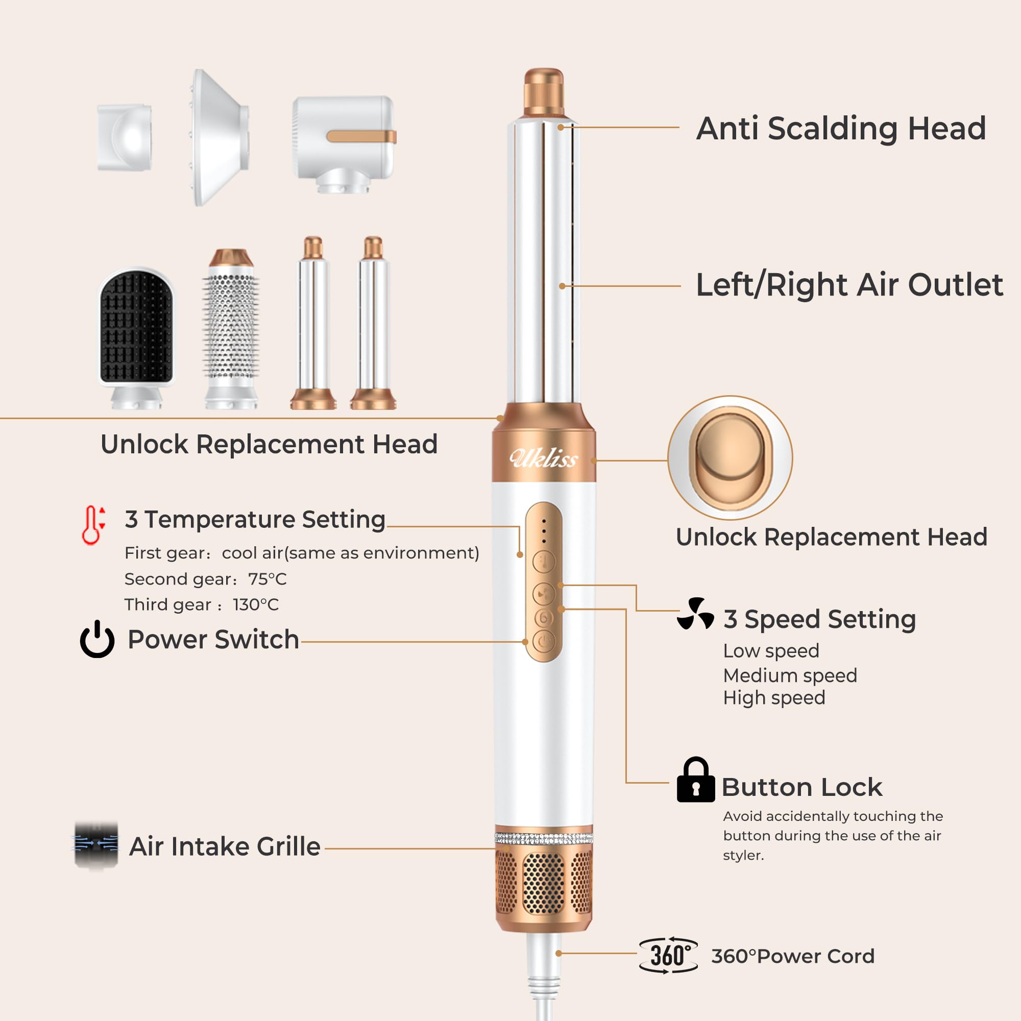 UKLISS Secador Pelo Profesional & Airstyler 7 en 1 con Rizador Pelo Automatico | Cepillo Pelo Redondo | Cepillo Alisador Pelo | Thermal Brush | Airstyler Set Regalos para Mujeres Styling - Blanc