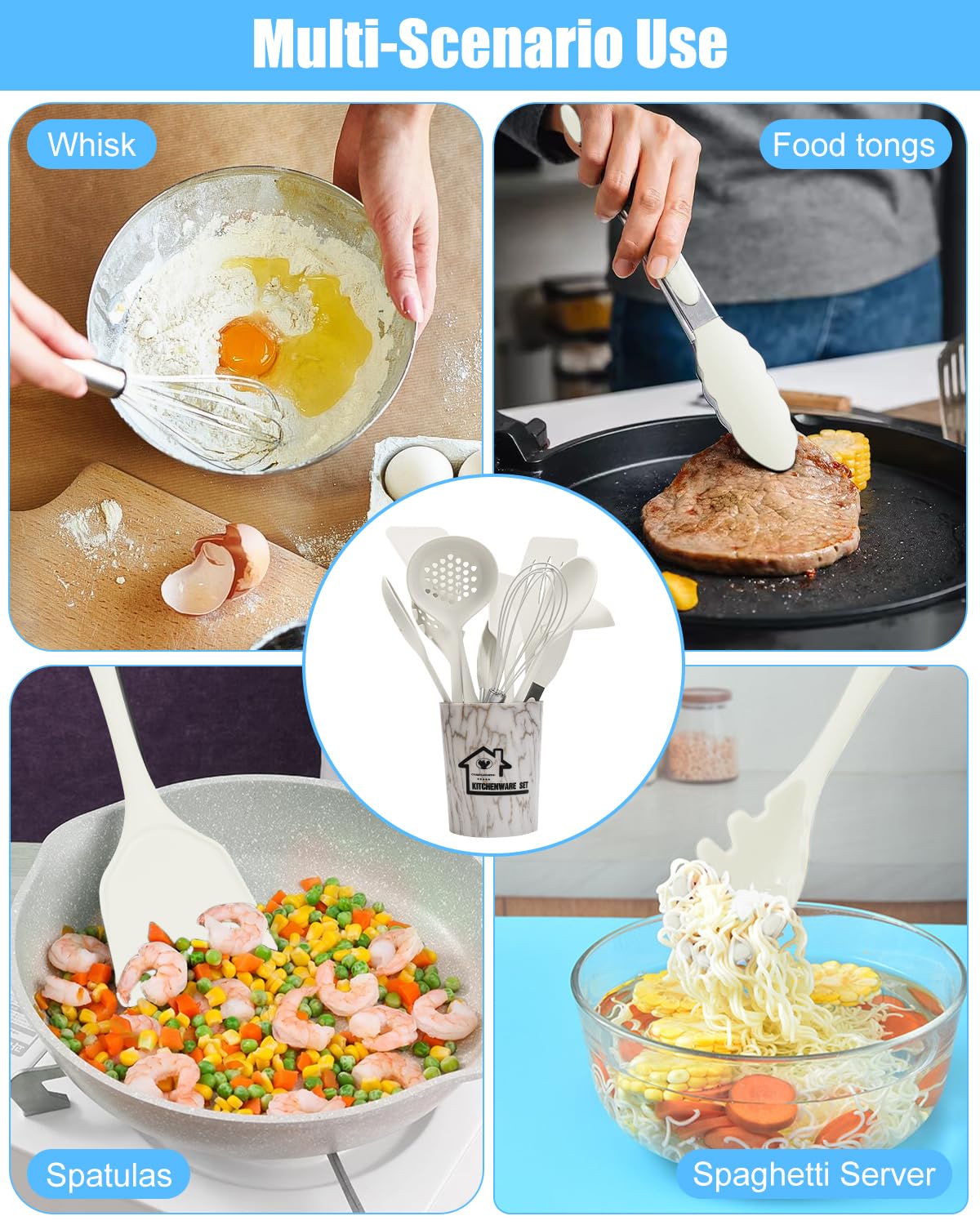 18 Piezas Utensilios Cocina de Silicona, Resistente al Calor Antiadherente, Juego de Utensilios de Cocina de Silicona,Apto para lavavajillas (White)