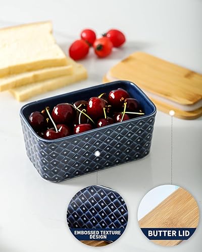 Miniatura 4 de Hasense Mantequillera de cerámica con tapa, recipiente grande para mantequilla hermética para encimera, patrón azul marino en relieve, fácil de