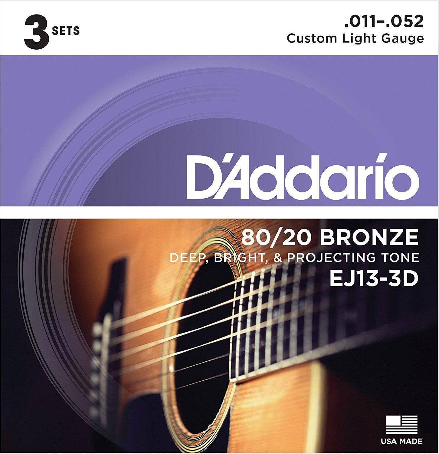 D'Addario EJ13-3D 11-52 Custom Light Bronze Acoustic Guitar Strings (x3 Packs)